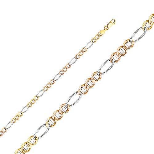 14k REAL Tri Color Gold Solid Men's 3.5mm Ficonucci 3+1 Concave Chain Bracelet with Lobster Claw Clasp - 7.5"