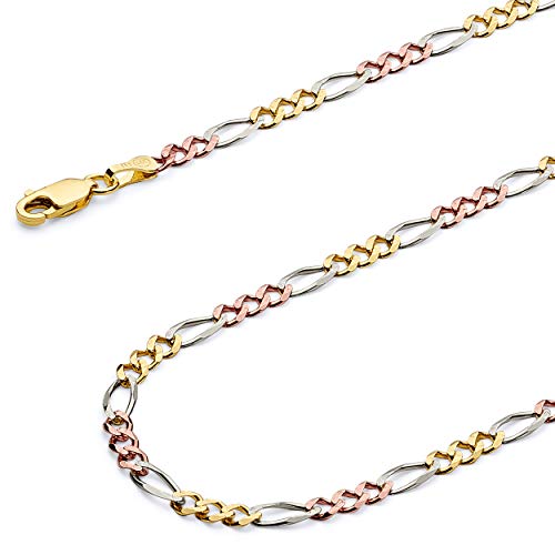 14k REAL Tri Color Gold Solid 2.5mm Figaro 3+1 Concave Chain Bracelet with Lobster Claw Clasp - 7"
