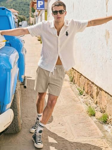 JMIERR Men's Casual Essentials Shorts Cable Knit Textured Elastic Waist Drawstring Shorts with Pockets for All Day Comfort, Light French Beige, XX-Large
