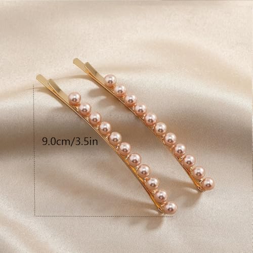 2 Pcs Shell Pearl Hair Barrettes for Women Gold Plated Elegant Simple Row Pearls Bobby Pins Decorative Hair Pins Non-Slip Hair Accessories for Bangs Half Up Hair Accessories 3.54" (Champagne)