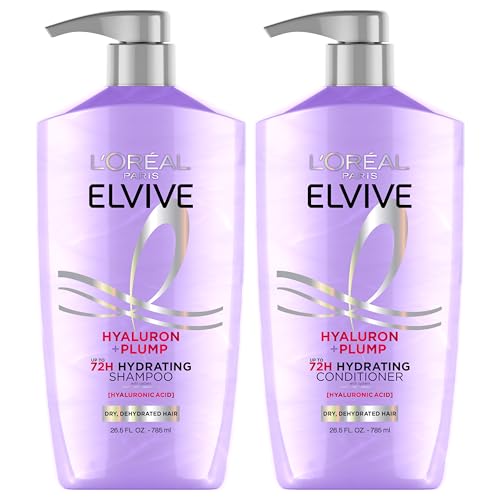 L'Oreal Paris Elvive Hyaluron Plump Shampoo and Conditioner Set for Dry, Dehydrated Hair, 72H Hydrating Hair Care, Infused with Hyaluronic Acid Complex, 53 Fl Oz Set