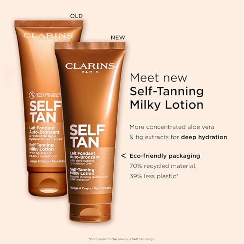 Clarins NEW Self-Tanning Milky Lotion | Self Tanner for Face and Body | Buildable, Streak-Free, Long-Lasting, Natural, Sun-Kissed Glow | 24H Hydration*| Contains Aloe Vera & Glycerin | 4.5 Ounces
