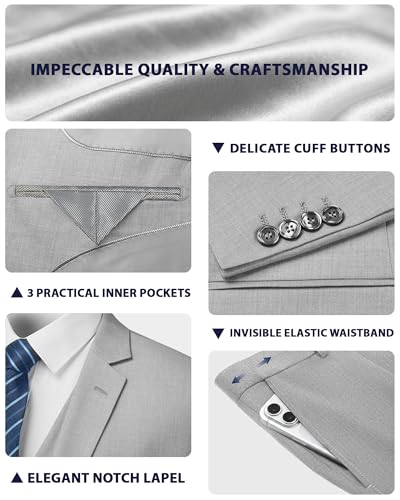 Cooper & Nelson Men's Suit Slim Fit, 3 Piece Suits for Men, One Button Jacket Vest Pants with Tie, Tuxedo Set Light Grey L