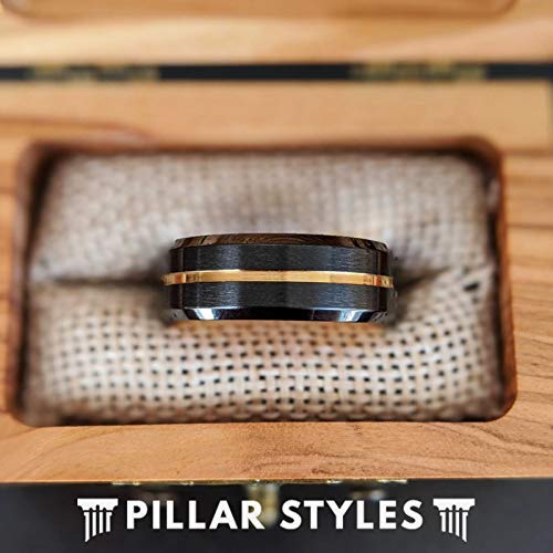 Pillar Styles Black and Gold Wedding Bands Unique 14K Yellow Gold Tungsten Rings for Men 8mm Black Beveled Edges Golden Groove Comfort Fit Ring for Him