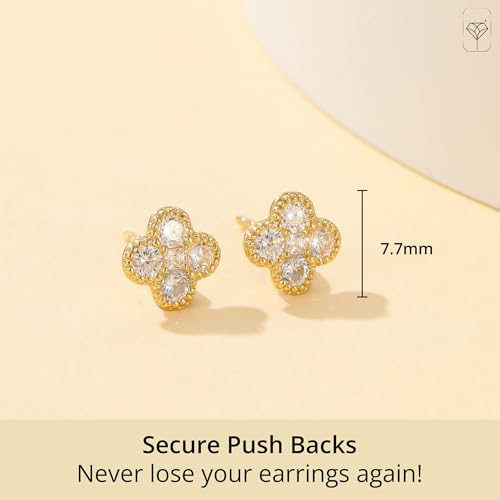 Solid 10K Gold Clover Studs with Cubic Zirconia | Hypoallergenic Stud Earrings for Women | Anti-Tarnishing Real Gold Clover Earrings Small Stud Earrings by MAX + STONE