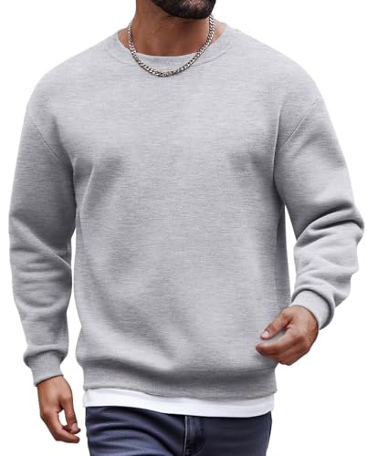 COOFANDY Men's Cotton Fleece Crewneck Sweatshirt Thick Loose fit Basic Pullover Sweat Shirt for Business Dressy Winter Light Grey