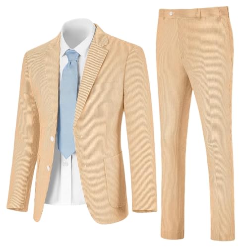Seersucker Slim Suits Men Formal Summer Beach Wedding Grooms 2 Piece Blazer Pants Party Striped Suit Orange S