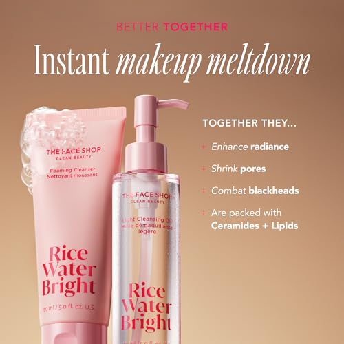 The Face Shop Rice Water Bright Vegan Double Cleanse Trial Set, Travel Size, Foaming Cleanser & Mini Cleansing Oil, Korean Skin Care, Gentle Face Cleanser & Pore Control, Moisturizing Makeup Remover