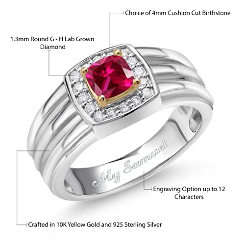 Gem Stone King Men's 925 Silver and 10K Yellow Gold Customized and Personalized 4MM Cushion Cut Gemstone Birthstone and White Lab Grown Diamond Ring (Size 7)