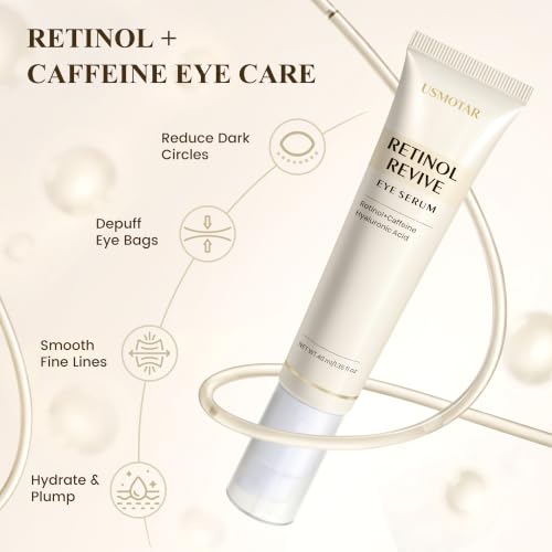 USMOTAR Retinol & Caffeine Eye Serum - Dark Circles Relief & Depuffing Treatment, Hyaluronic Acid + Collagen, Gentle Under Eye Cream for Sensitive Skin, Hydrates & Smooths Fine Lines 40ml, 1.35 fl.oz