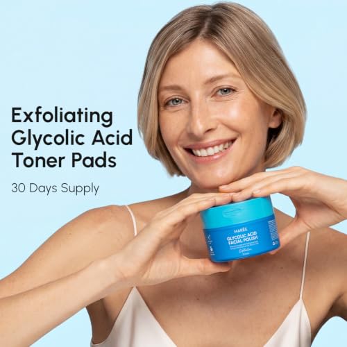 MAREE Glycolic Acid Pads - Toner Pads for Face Cleansing - Exfoliating Pad with Tea Tree Oil, Salicylic Acid & Vitamins E, B3, B5 - Facial Polishes & Peels, Skin Pore Resurfacing & Radiance - 50 Count