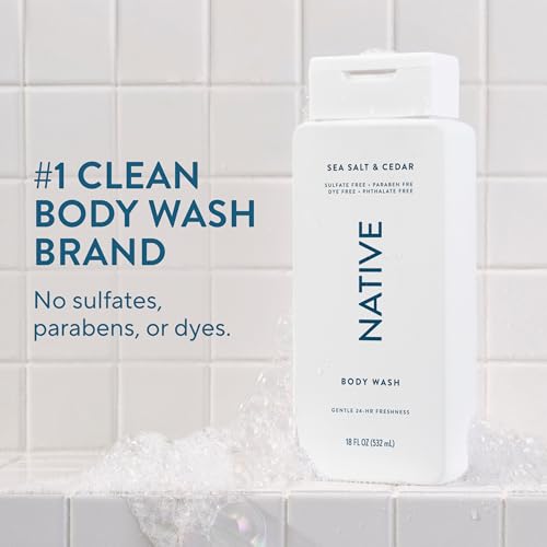 Native Clean Body Wash, Gentle & pH-balanced for Sensitive Skin, 24-Hr Freshness for Men & Women, Vegan & Cruelty-Free, Free of Sulfates, Parabens & Phthalates, Sea Salt & Cedar, 18 fl oz