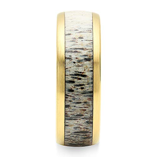 100S JEWELRY Tungsten Rings for Men Gold Wedding Band Antler Inlaid Dome Edge Matte Finish Size 8-16 (13.5)