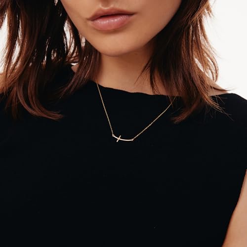 Gelin Dainty Curved Sideways Cross Necklace for Women in 10K Solid Gold, 18 Inch Chain