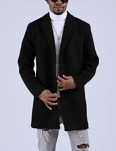 Springrain Men's Wool Blend Pea Coat Notched Collar Single Breasted Overcoat Warm Winter Trench Coat(Black-XS)