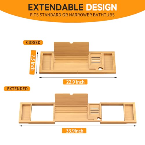 Premium Bamboo Bathtub Caddy Tray with Extending Sides, Adjustable Wood Bath Tray for Luxury Bath, Fits Most Tubs, Accessories Gift Idea