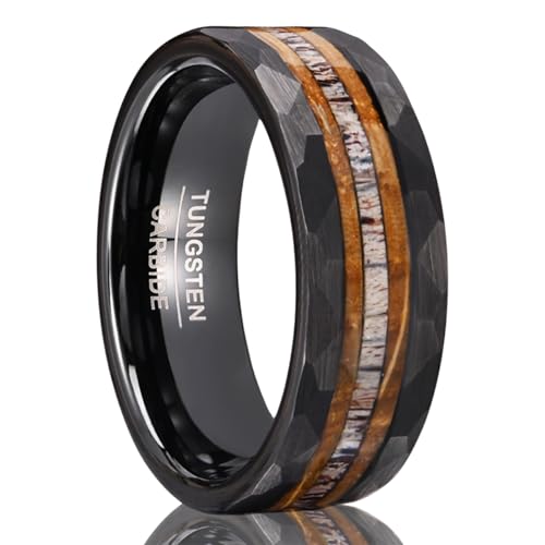Concept Knight Tungsten Rings for Men Black Whisky barrel wood＆antlers ring