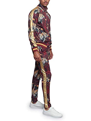 G-Style USA Men's Set Royal Floral Tiger Accent Track Suit ST559 - Burgundy - 2X-Large