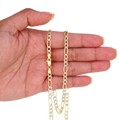 Nuragold 10k Real Yellow Gold Figaro Link Pave Diamond Cut Chain Necklace - 22",4.5mm
