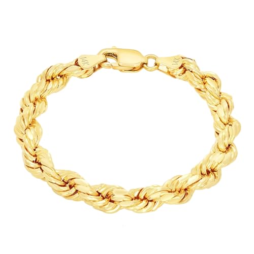 Nuragold 10K Real Yellow Gold Rope Chain Diamond Cut Bracelet Men & Women - 5mm,8.5"