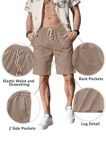 Comdecevis Men's Linen Shorts Casual Elastic Waist Drawstring Summer Beach Vacation Yoga Golf Shorts with Pockets Medium Brown