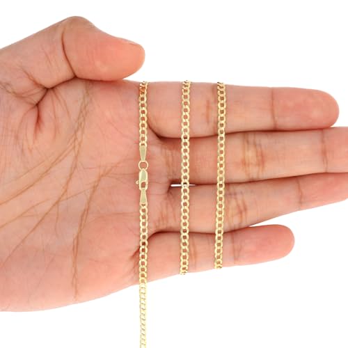 Nuragold 10K Real Yellow Gold Cuban Curb Solid Italian Link Chain Necklace - 22",2.5mm