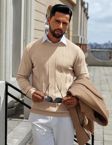 COOFANDY Mens Crew Neck Sweater Cable Knit Pullovers and Sweater Business Casual Sweatshirts Khaki