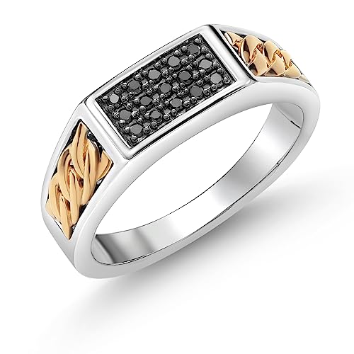 Gem Stone King Black Diamond Ring For Men | 925 Sterling Silver and 10K Yellow Gold | 0.18 Cttw | 6.5MM Width | Available In Size 7, 8, 9, 10, 11, 12, 13 | Size 11
