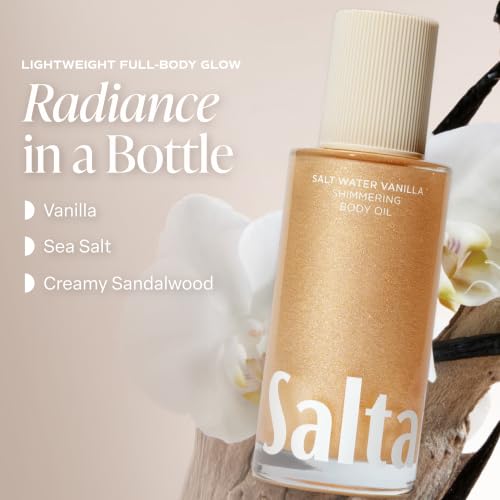 Saltair Shimmering Body Oil – Scented Dry Oil Moisturizer with Light-Reflecting Pearl Pigments – Moisturizing Glow for All Skin Types – Salt Water Vanilla, 4oz