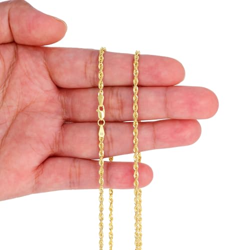 Nuragold 10k Real Yellow Gold 2.5mm Rope Chain Lightweight Necklace 16"-30" - 22"