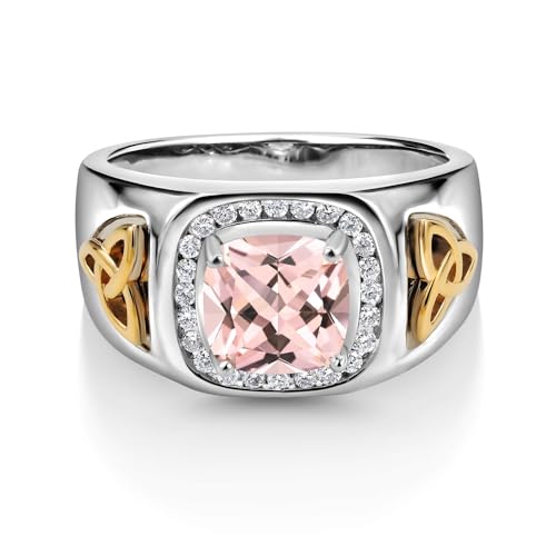 Gem Stone King 2.26 Ct Peach Nano Morganite and Lab Grown Diamond Men's Ring | 925 Silver and 10K Yellow Gold | Cushion 8MM | October Birthstone | Available in Size 7, 8, 9, 10, 11, 12, 13 | Size 11