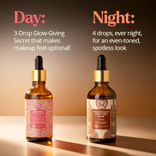 Day & Night Face Oil Duo for Dry, Mature Skin—Moisturizing AM-to-PM Face Care—Saffron + Manjistha—Smoothing, Brightening, Even-Toning, Glow-Boosting Routine—Non-Sticky, Non-Greasy, Fast-Absorbing