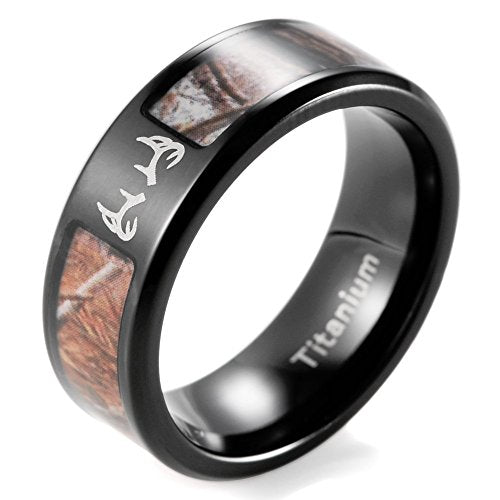 SHARDON Men's 8mm IP Black Titanium Tree Camo Ring with Engraved Deer Antler Size 11