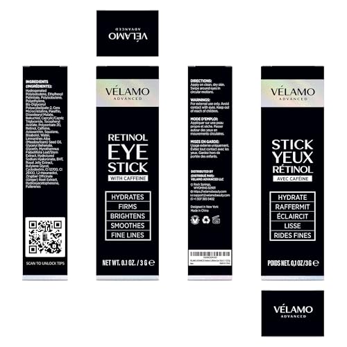 VELAMO ADVANCED Retinol Eye Stick: Retinol Eye Cream for Dark Circles and Puffiness with 1% Bakuchiol and Caffeine - Visibly Reduces Fine Lines Wrinkles Under Eye Bags with Upgraded Formula 0.1 OZ/3g