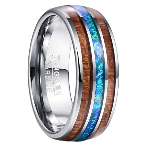 Vakki Mens Silver Tungsten Wedding Band, Blue Opal Inlay, 8mm Size 10