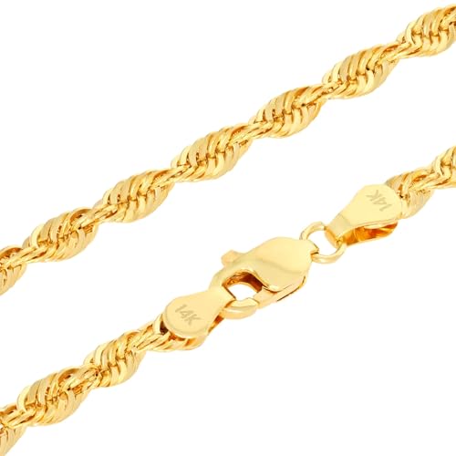 Nuragold 14k Real Yellow Gold 3.5mm Rope Chain Lightweight Necklace 16"-30" - 22"