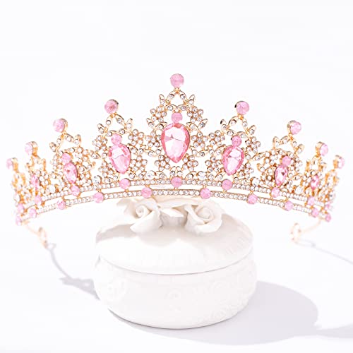 FORSEVEN Pink Crystal Tiaras Crowns for Women Wedding Birthday Halloween