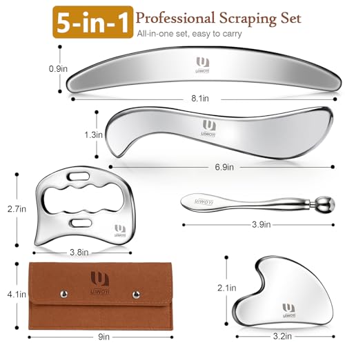 UIWOYI 5 in 1 304 Stainless Steel Gua Sha Tools Set, Premium Facial & Full Body Scraping Massage Kit