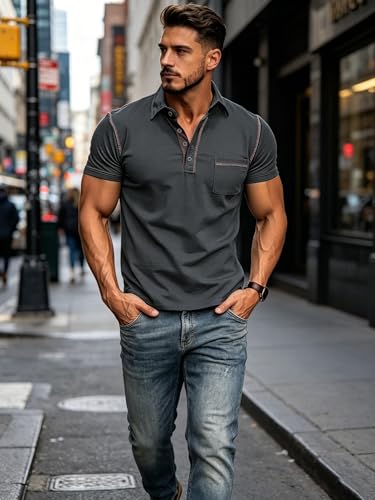 Men's Fashion Polo Shirts Classic Short Sleeve Lightweight Button Cotton T-Shirt Casual Golf Tee Tops with Pocket