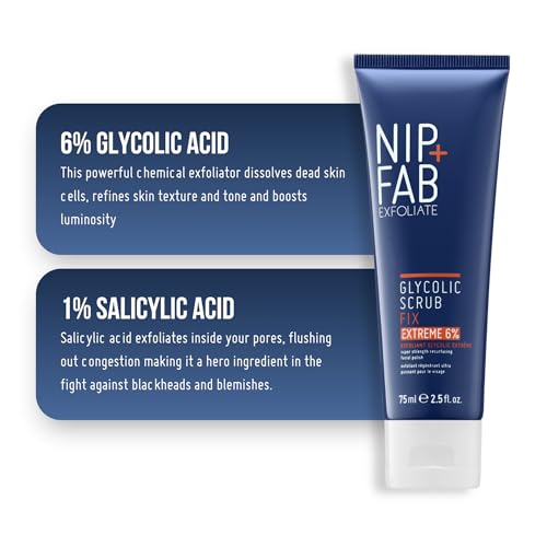 Nip + Fab Glycolic Fix Scrub Extreme (2.5 fl oz) – 6% Glycolic Acid 3-in-1 Facial Exfoliator & Pore Refiner – Deep Cleansing AHA BHA Face Scrub for Brightening & Smoothing