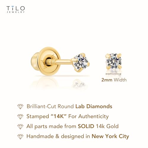 14K Yellow Gold Solitaire Round Lab-Grown Diamond Stud Earrings in Secure Screw-backs (2MM - 0.07CTW)