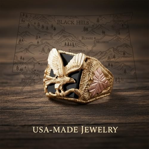 Men's Onyx Eagle Ring, 10k Yellow Gold, 12k Pink and Green Black Hills Gold Size 11.5