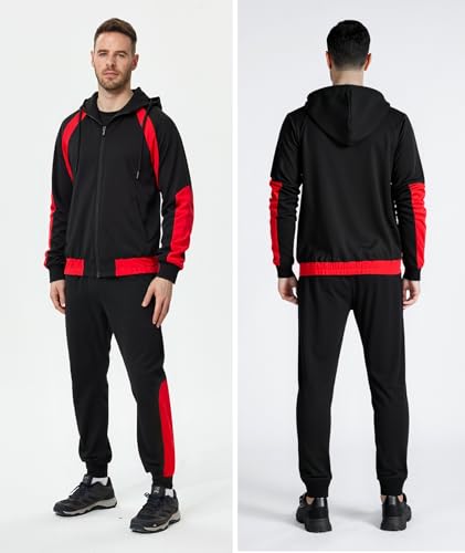 Little Beauty Men's Tracksuits Casual Sweat Track Suits Full Zip 2 Pieces Sweatsuits Long Sleeve Jogging Workout Sports Set Red Black,XL