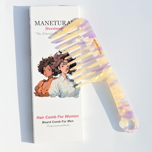 MANETURAL D1 | Wide Tooth Handle comb for Curly Hair| Elevates, Preserves Curl, Eliminates frizz, Acetate comb(White Purple)
