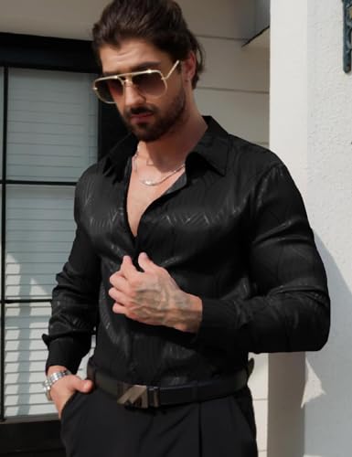 ZSJR Men Metallic Satin Dress Shirt Luxury Jacquard Long Sleeve Casual Button Down Shirts Silk Shirts Black Large