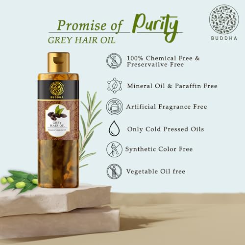 Buddha Natural Hair Oil for Greys & Whites (150 ml, 5.1 Oz) - Restore Natural Black Color of Hair With Unique Herbs oil blend For Men and Women - 100% Ayurvedic - No Mineral Oil