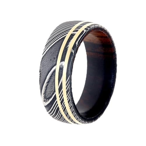 8mm Damascus Steel Wedding Bands USA Made 14k Gold Rings Damascus Rings