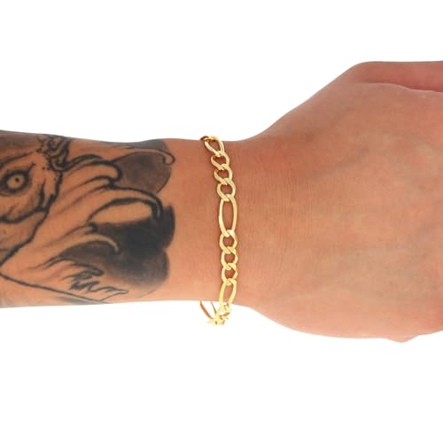 Nuragold 10K Real Yellow Gold Figaro Solid Link Chain Bracelet Men & Women - 7",6.5mm