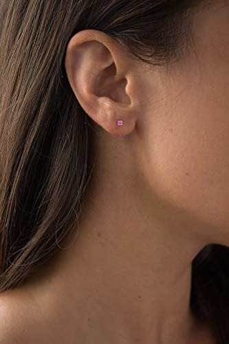 Genuine 10K Solid Yellow Gold 3mm Round Created Pink Sapphire Birthstone Stud Earrings For Women