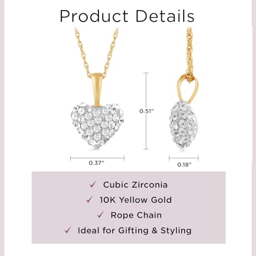 Jewelili 10K Yellow Gold Cubic Zirconia Puffed Heart Pendant Necklace